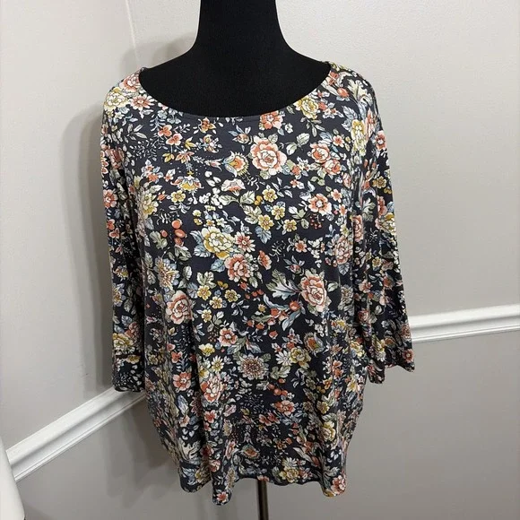 Philosophy Women's 3/4 Sleeve Floral Top Size 2X Blue Bloomcore Cottage Stretch - Picture 5 of 11